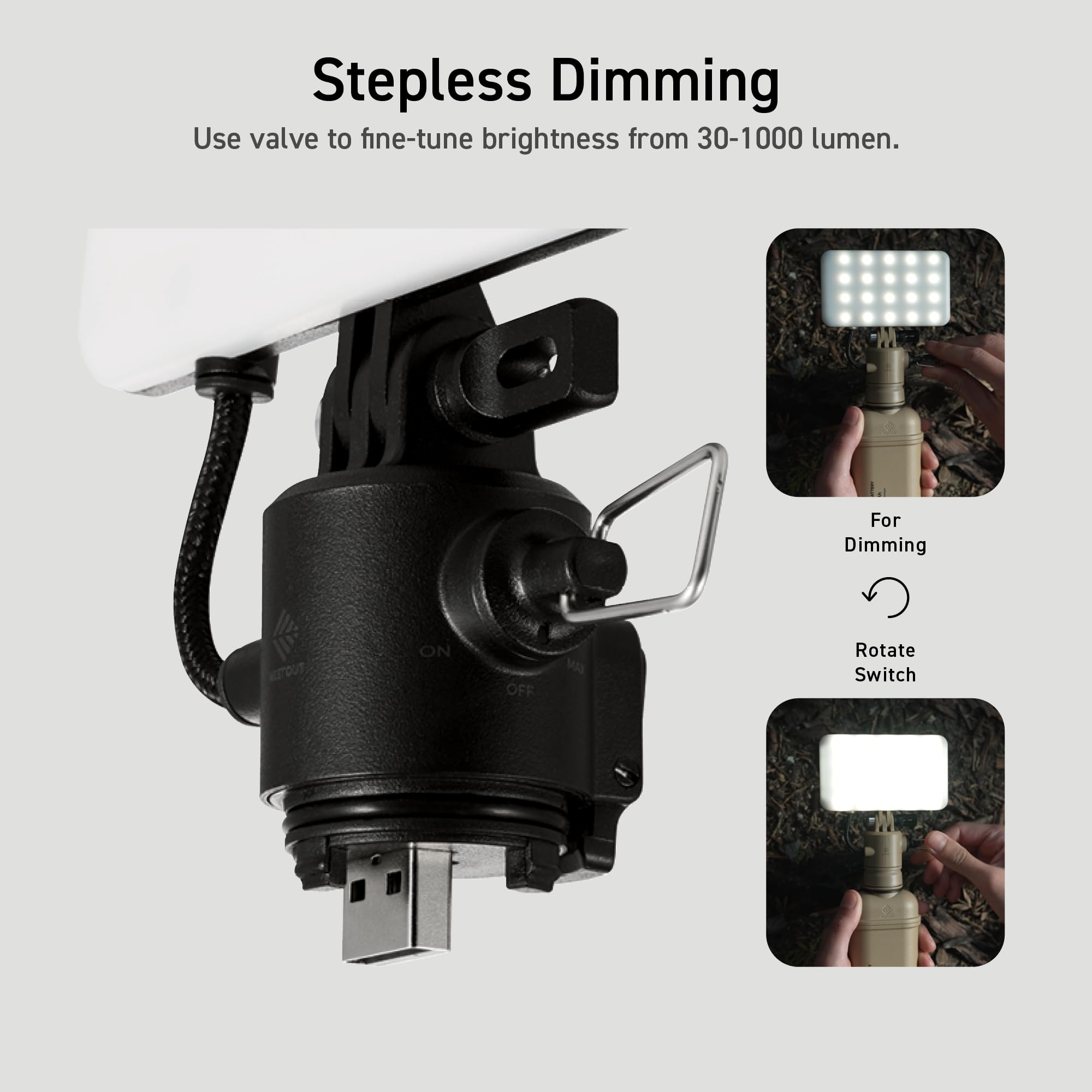 ELECOM NESTOUT 30-1000 lumen output for versatile campsite lighting.