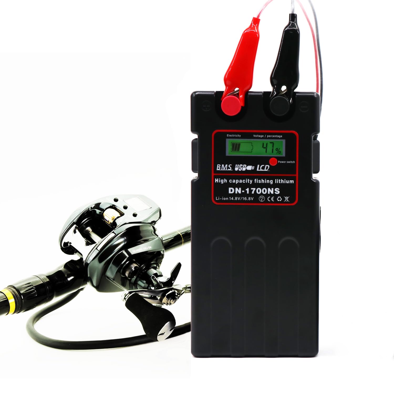 Electric fishing reel battery 14.8V 14000mAh — front view with built-in protection chip