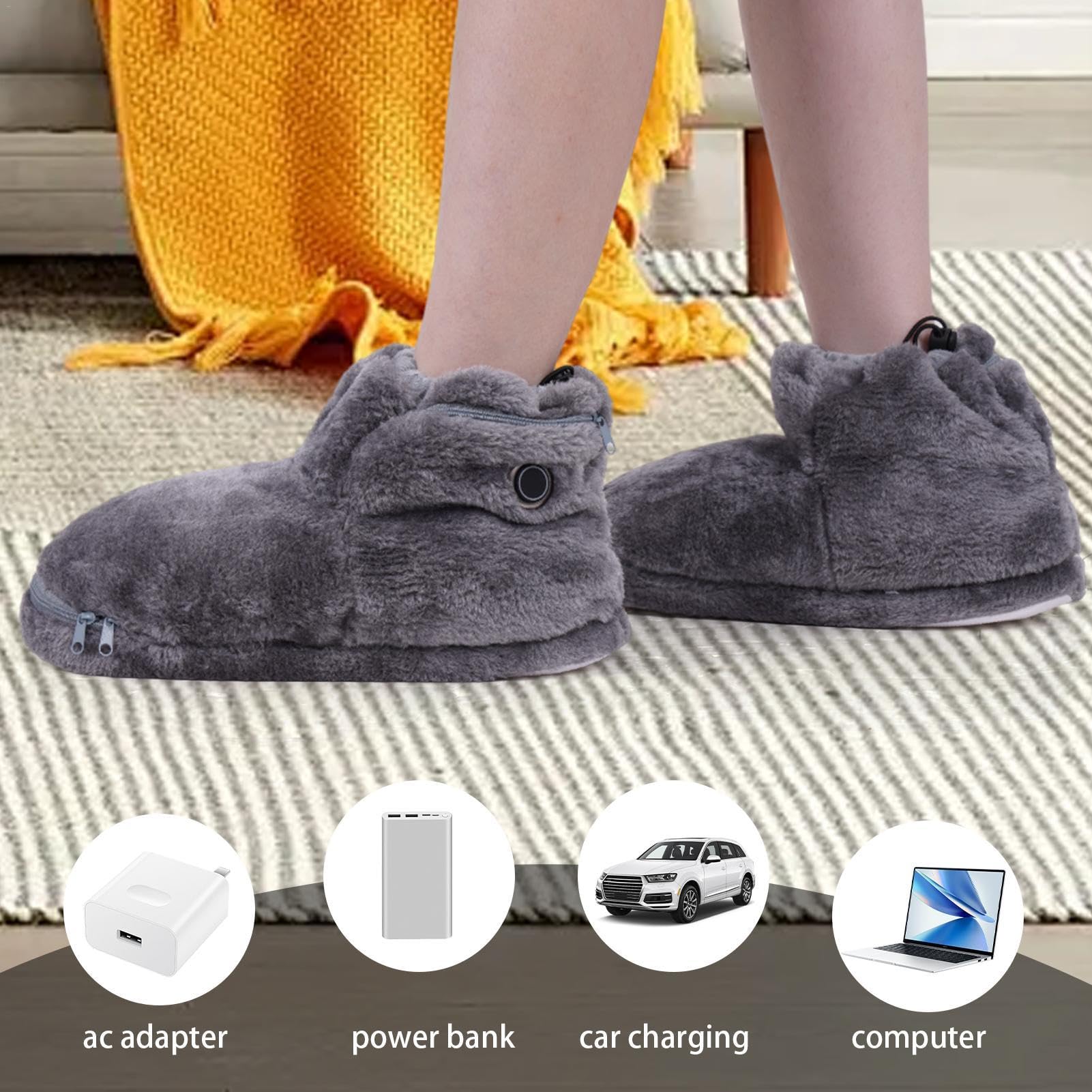 Electric Heated Booties adjustable-drawstring shows secure indoor fit.