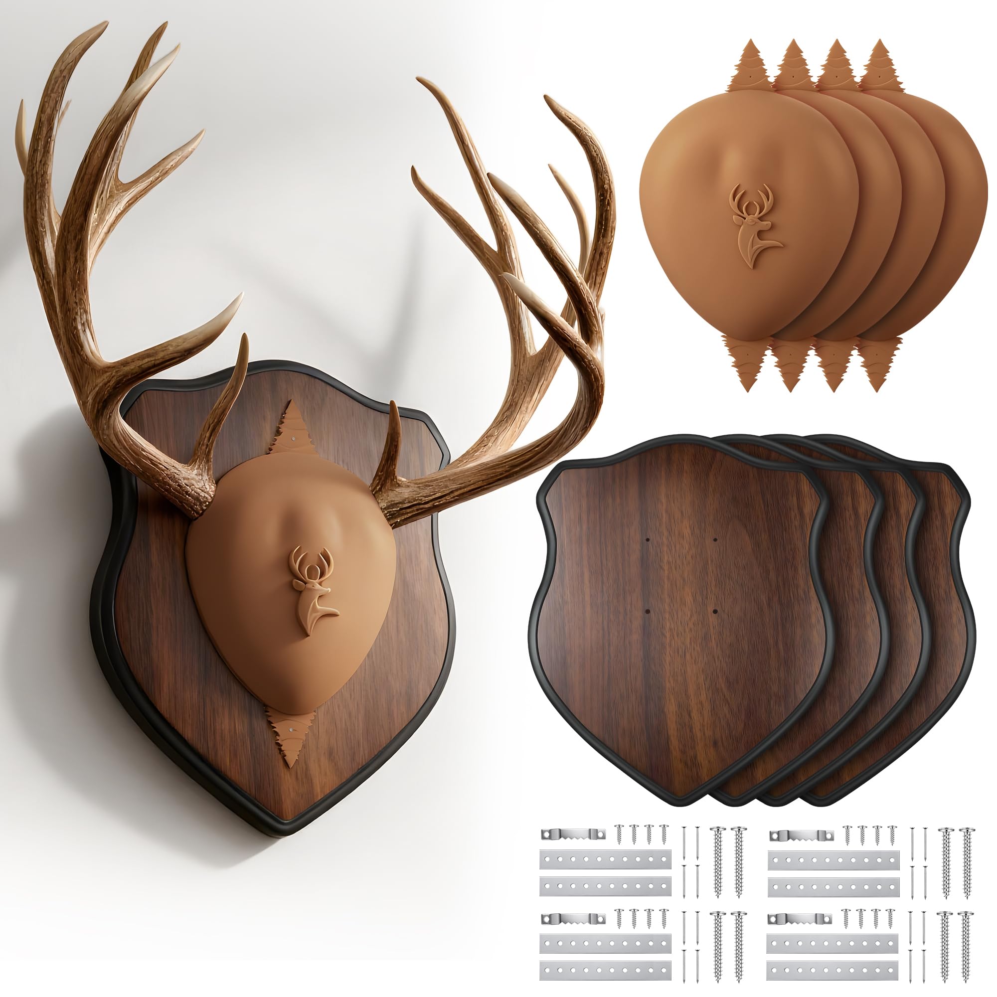 ElectricWise deer antler mount kit wood plaque brown for rustic trophy display.