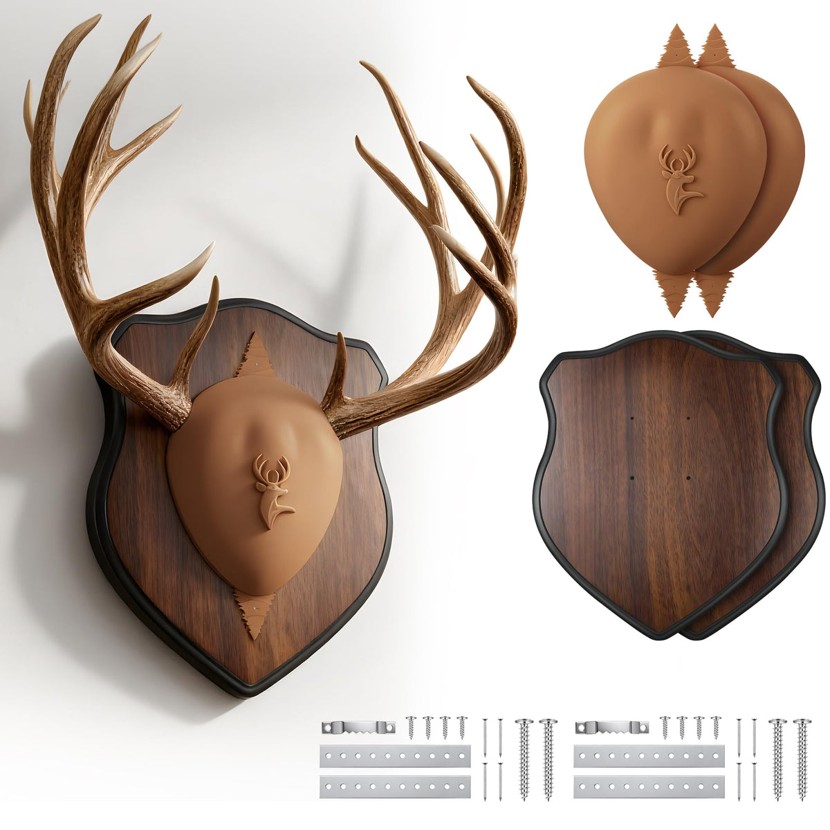 ElectricWise deer antler mounting kit wood plaque closeup highlighting rustic finish