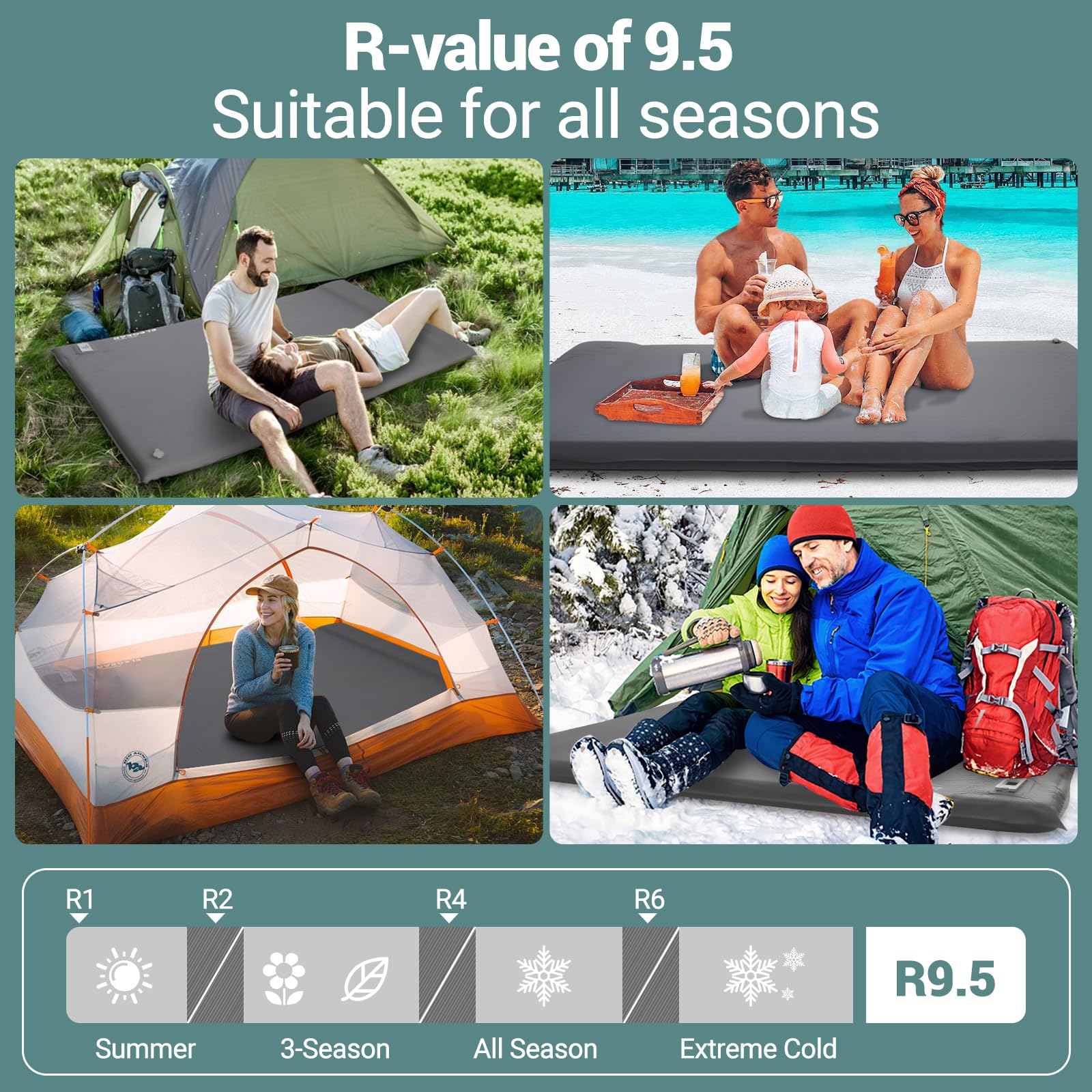 Elegear all-season insulation with R-value 9.5 protects against cold ground.