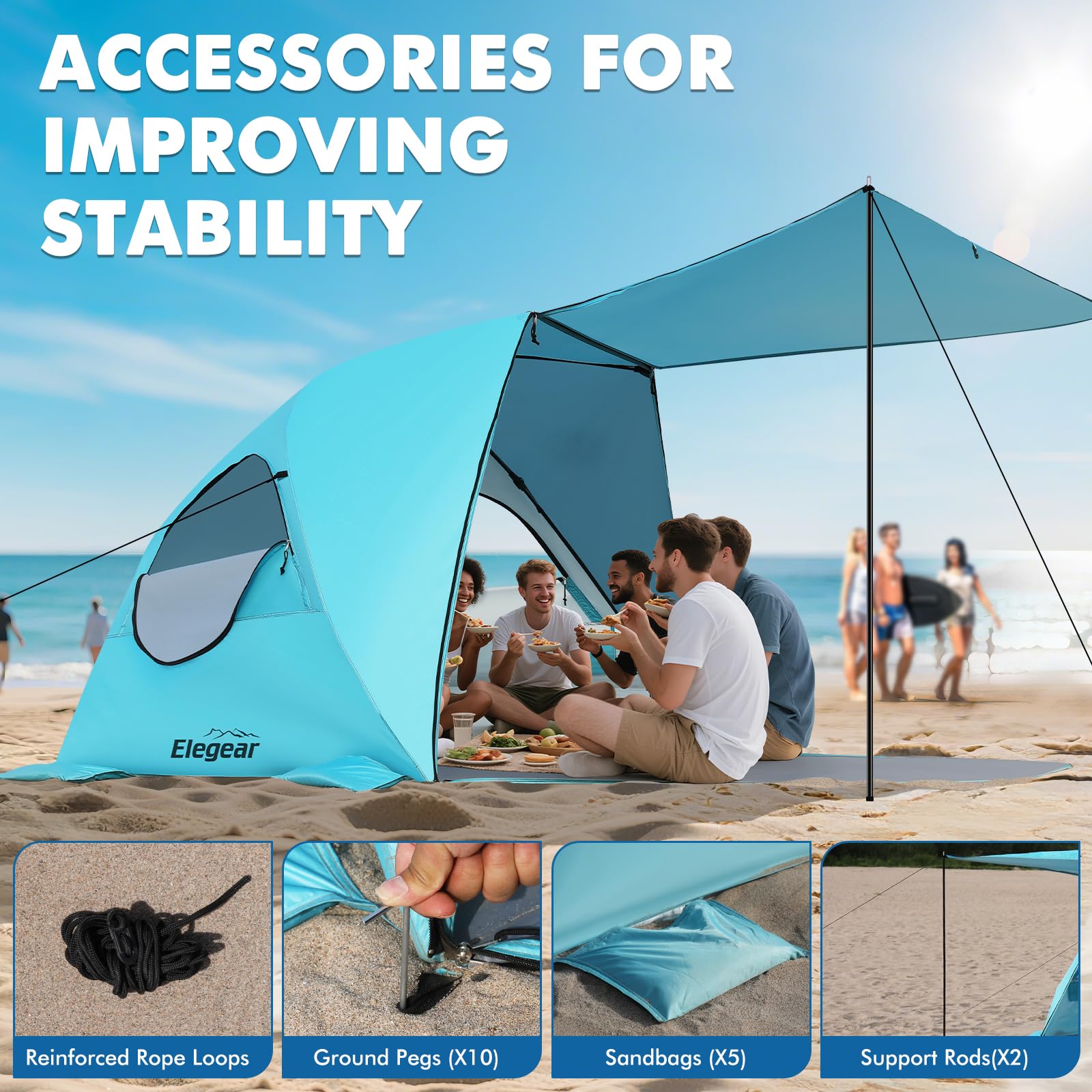 Elegear Beach Tent storage-pockets for organizing sunscreen and phones.