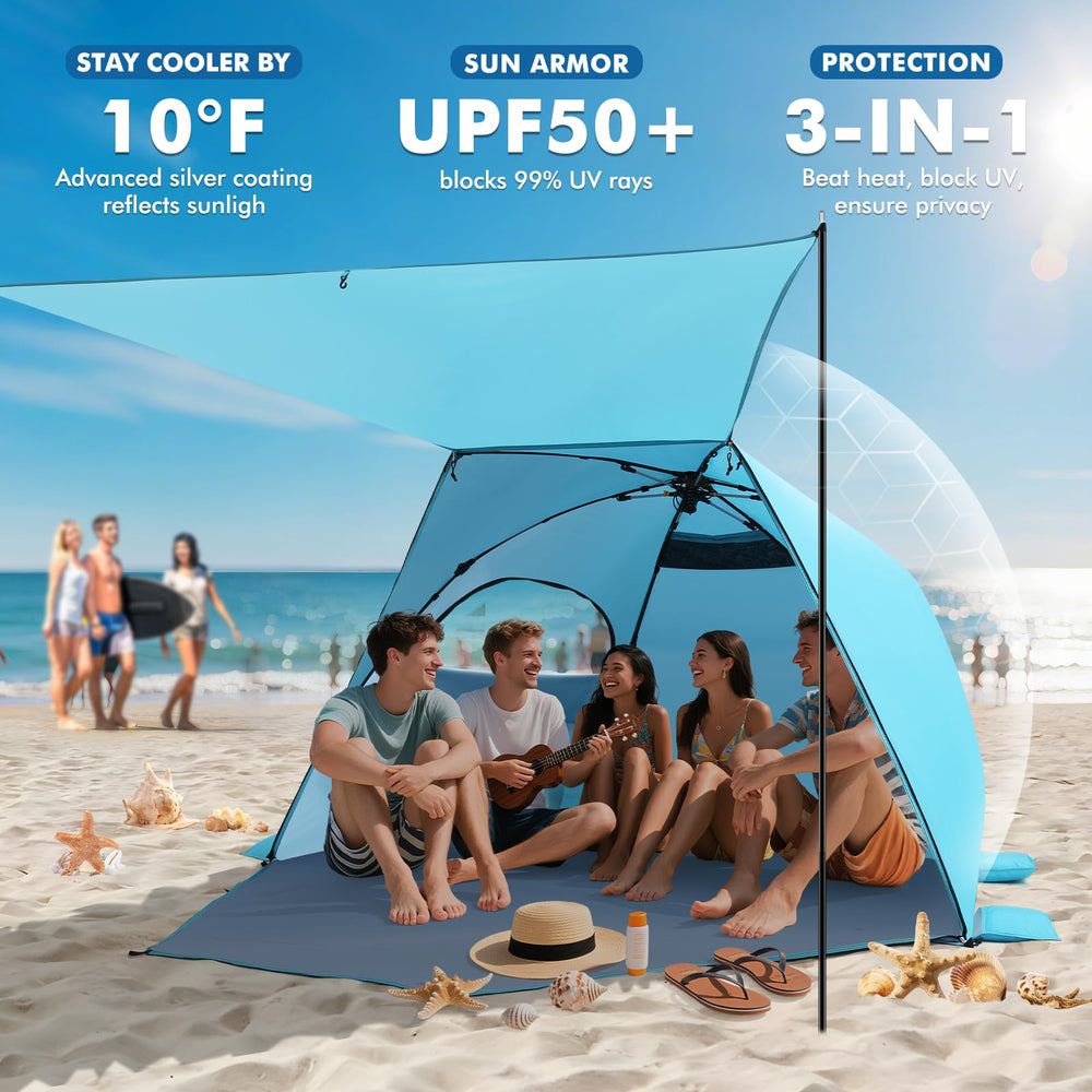 Elegear Beach Tent dual-ventilation keeps interior cool with ocean breeze.