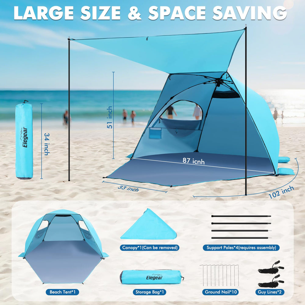 Elegear Beach Tent family-use-4-6-people accommodates friends and family under shade.