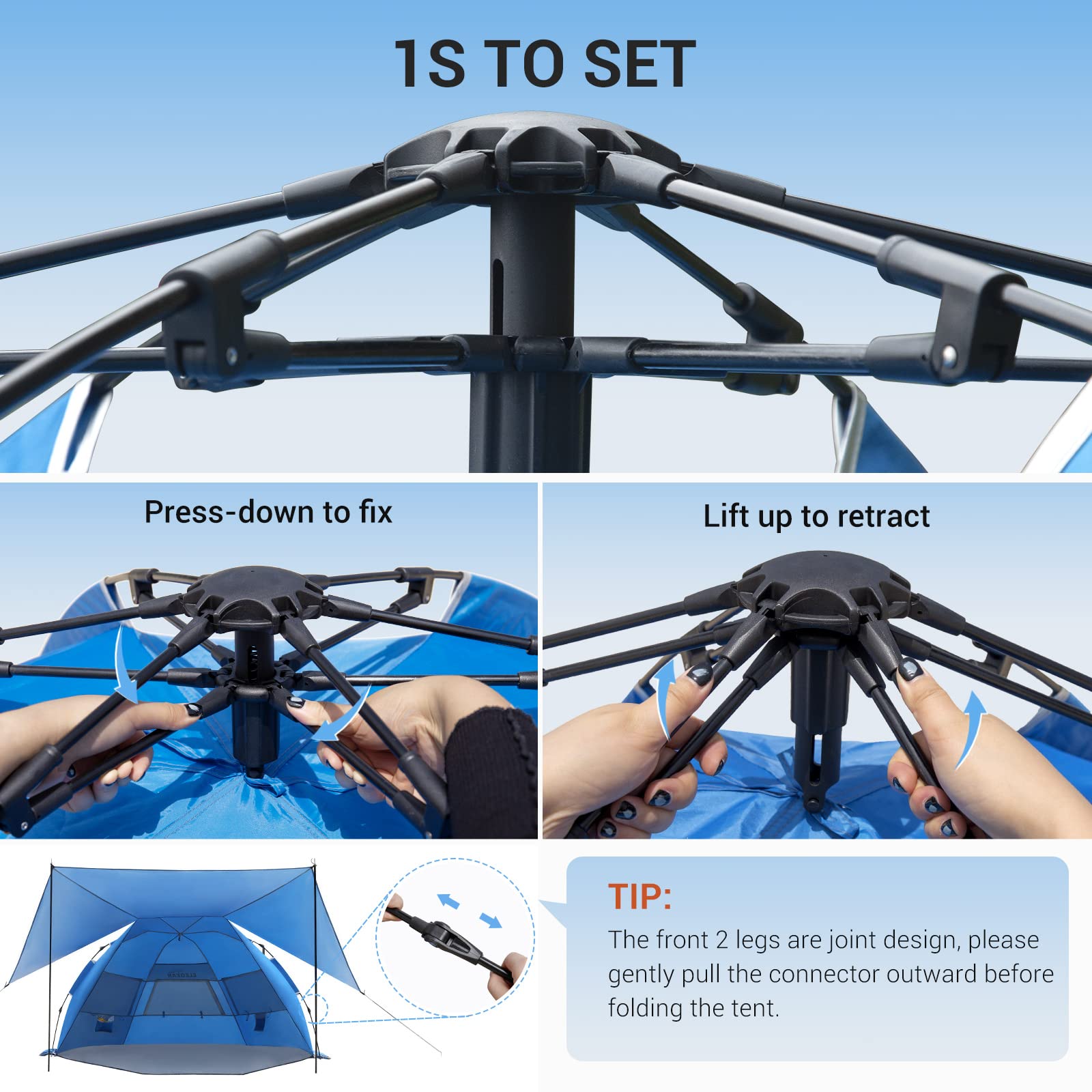 Elegear beach tent one-second installation with spring-loaded poles simplifies setup