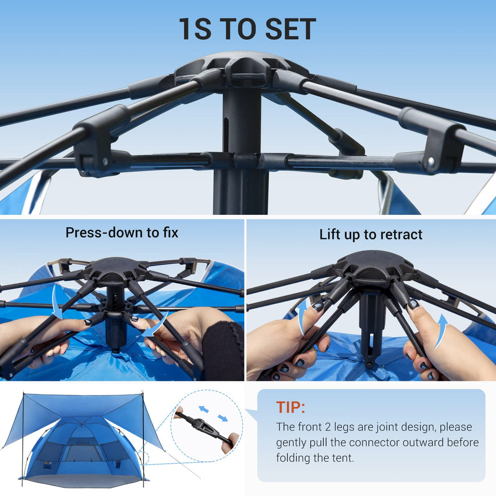 Elegear beach tent one-second installation with spring-loaded poles simplifies setup