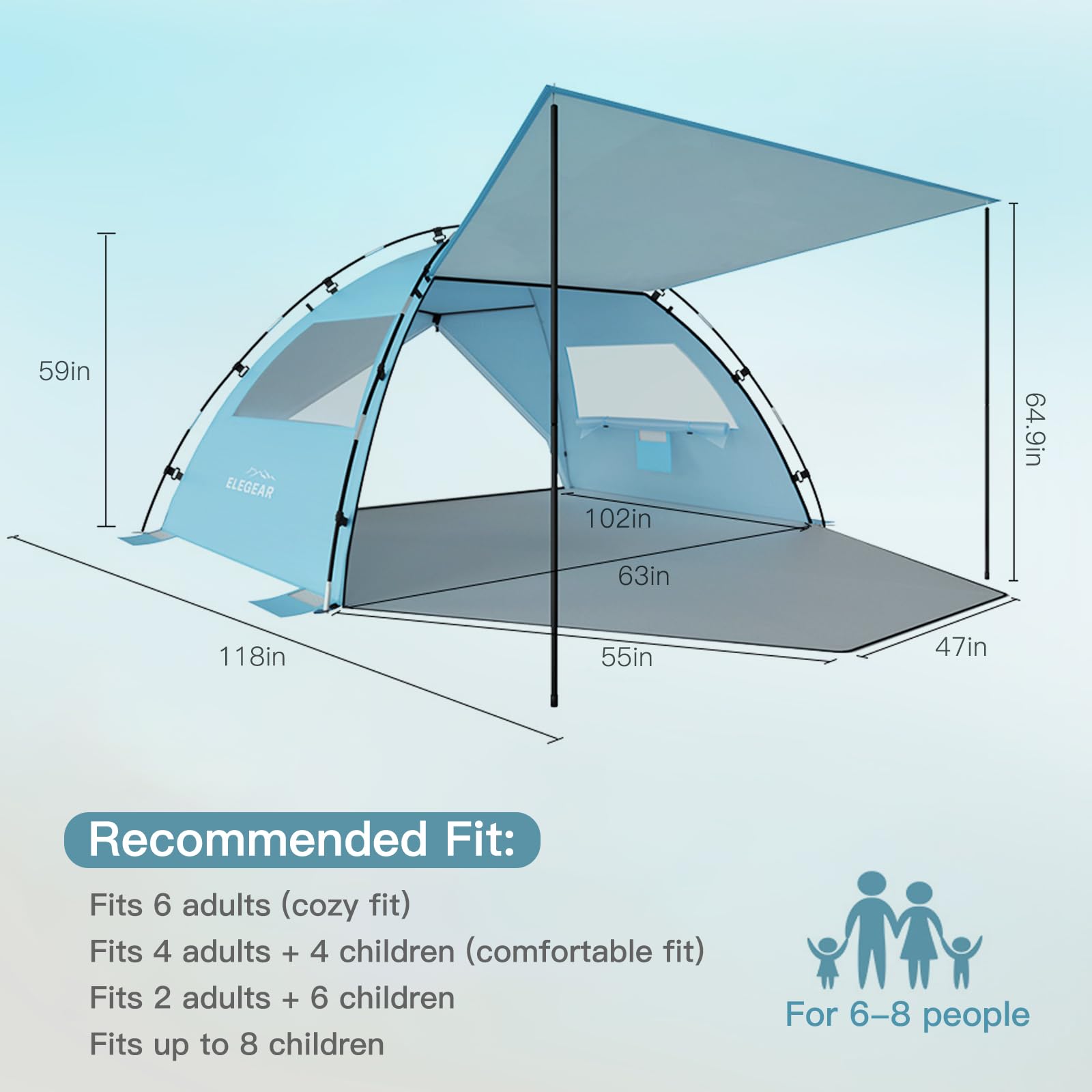 Elegear Beach Tent sky-blue open-canopy demonstrates extra airflow