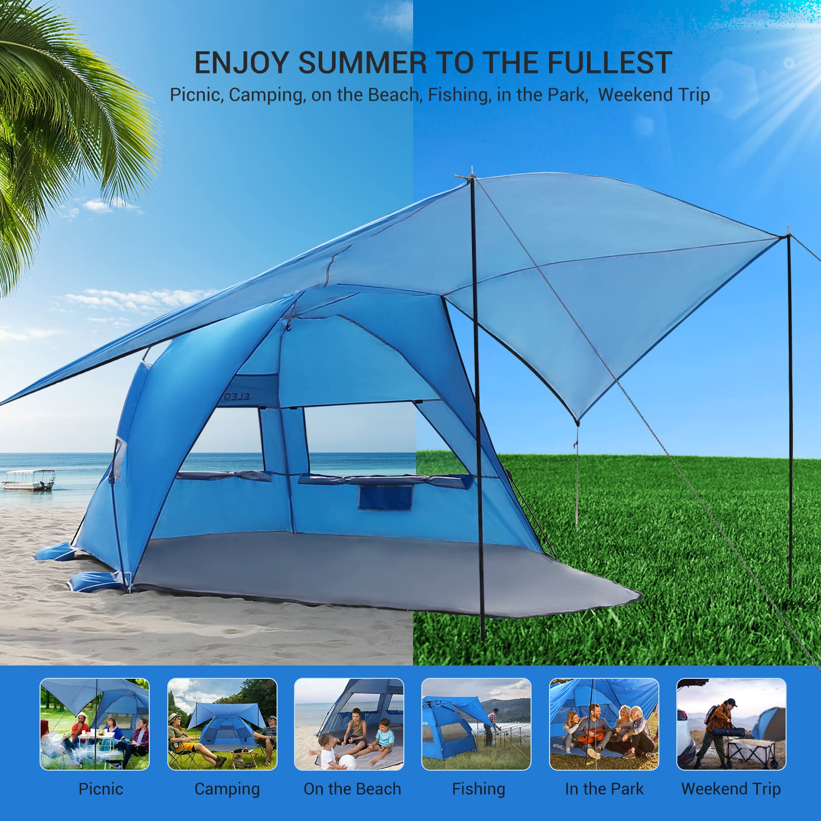 Elegear beach tent storage pockets and ventilation windows for comfort