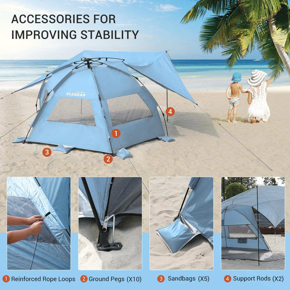 Elegear beach tent includes storage pockets, ventilation windows, and roof hook
