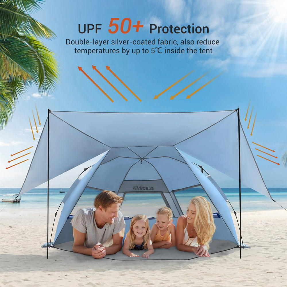 Elegear beach tent features reinforced 8.5mm fiberglass rods for wind stability