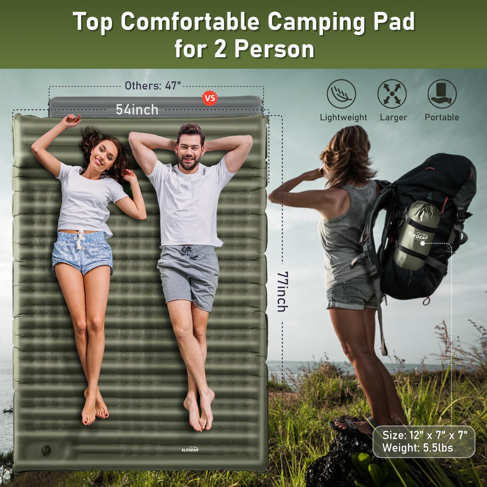 Elegear double sleeping pad built-in pillow supporting neck alignment