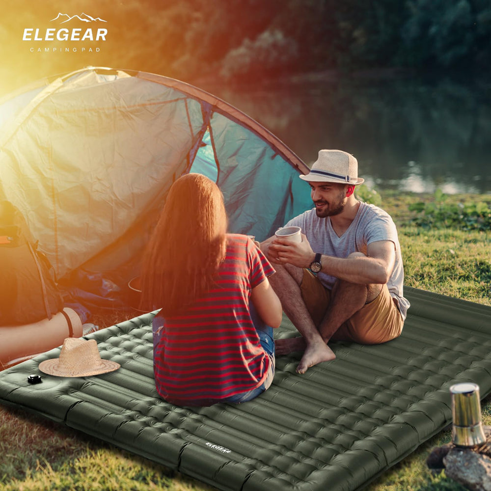 Elegear double sleeping pad fully inflated on tent floor showing two-person space