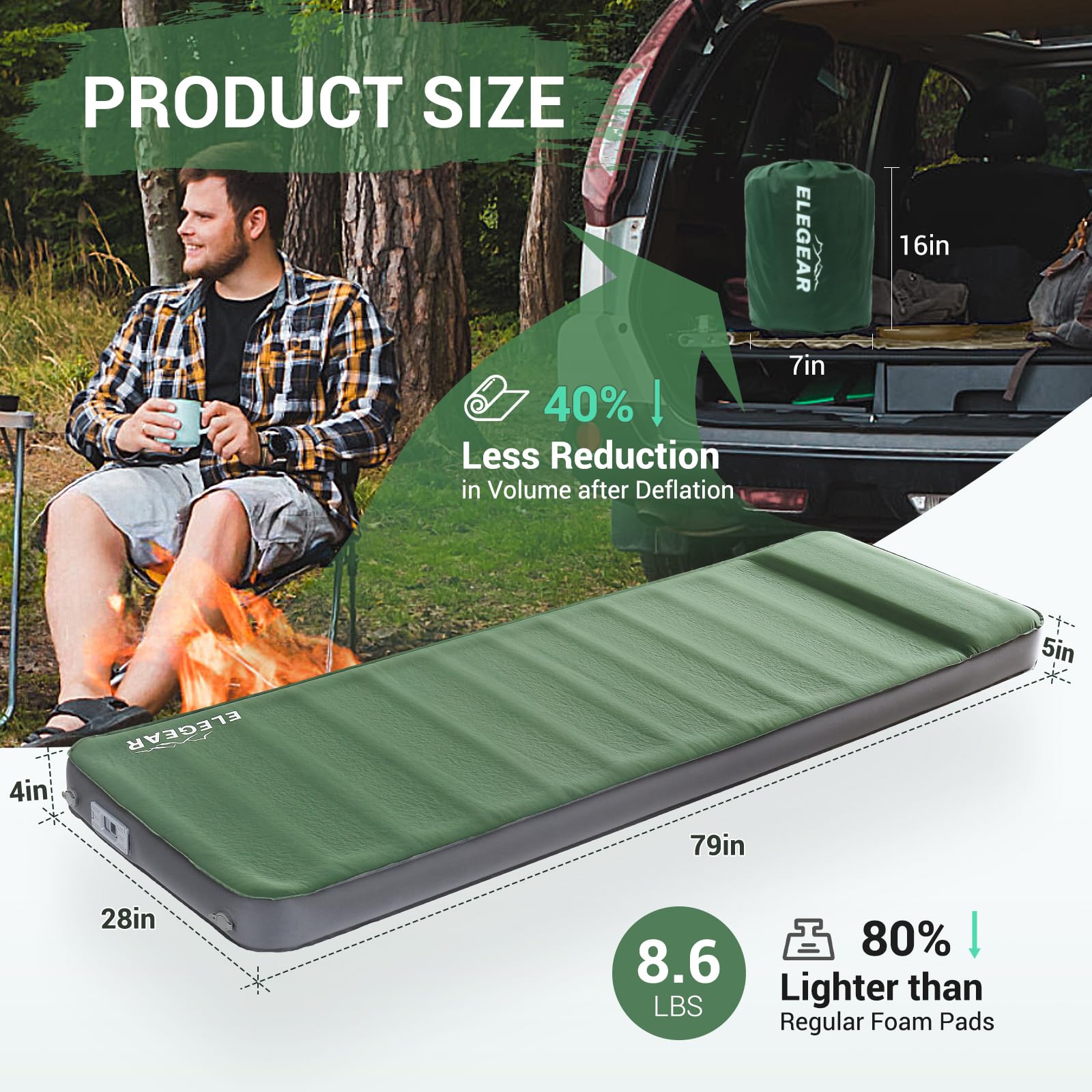 Elegear pad with built-in pillow provides supportive head comfort during camping