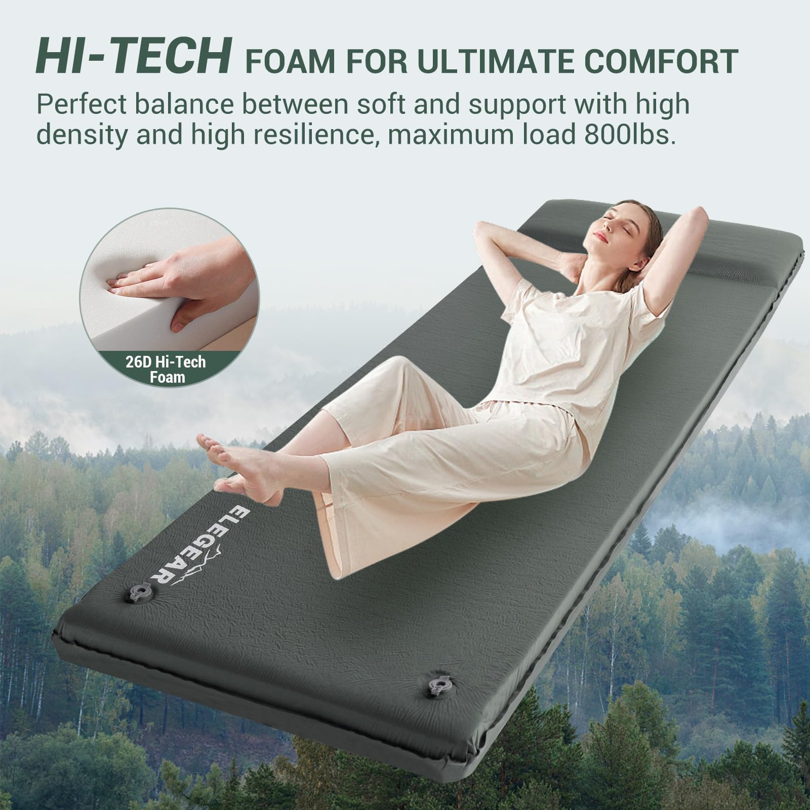 Elegear sleeping pad closeup of 26D foam density signaling superior comfort.