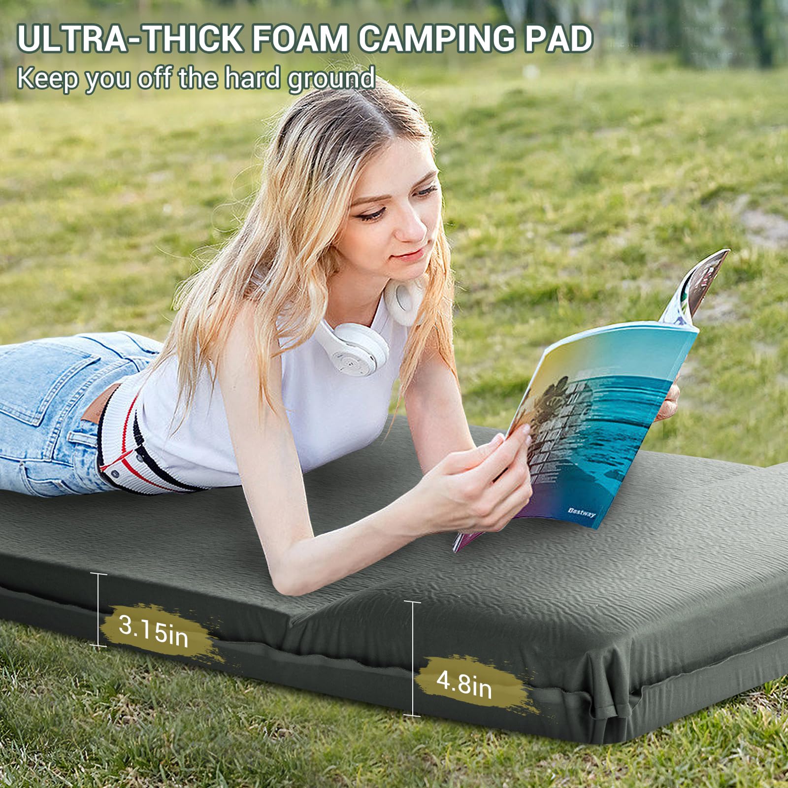 Elegear sleeping pad fully inflated side view showing 3.15-inch thickness for support.