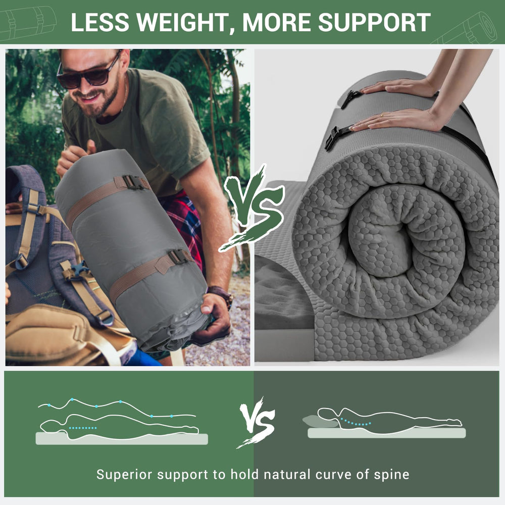 Elegear sleeping pad shown packed for easy storage and portability