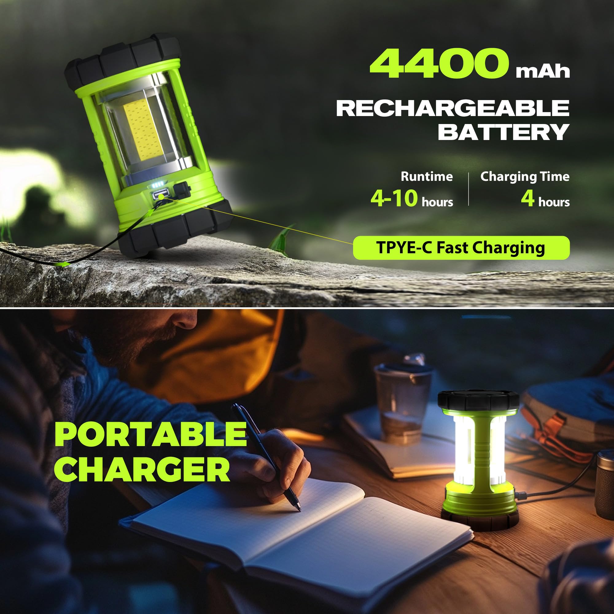 Elesall camping-lantern rechargeable 4400mAh with USB-C for quick power.