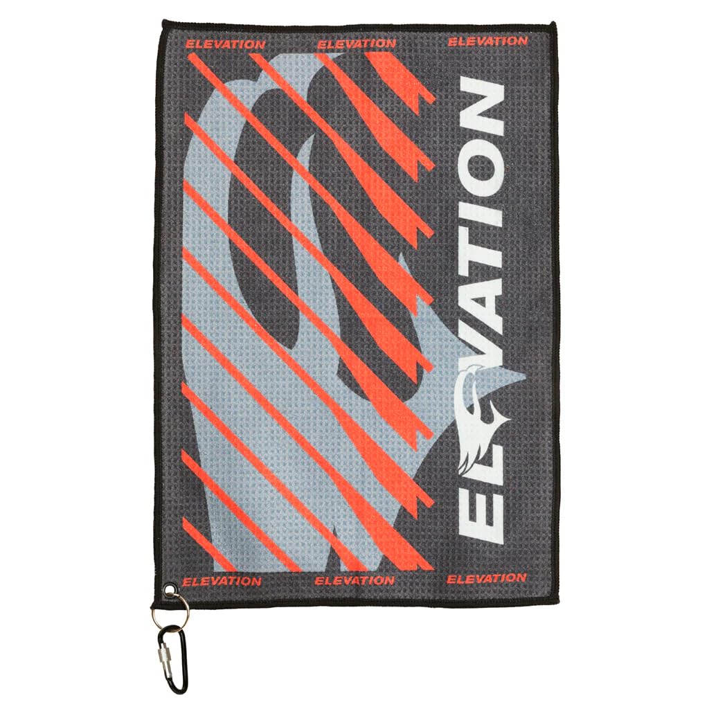 Elevation Shooters Towel with lockable carabiner for secure transport.