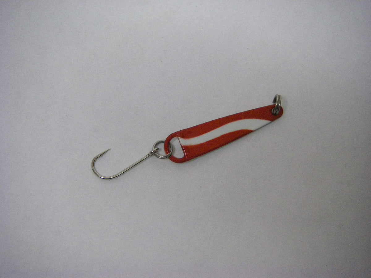 Elgin God's Tooth 1/10 oz lure spoon in red and white for versatile freshwater fishing.