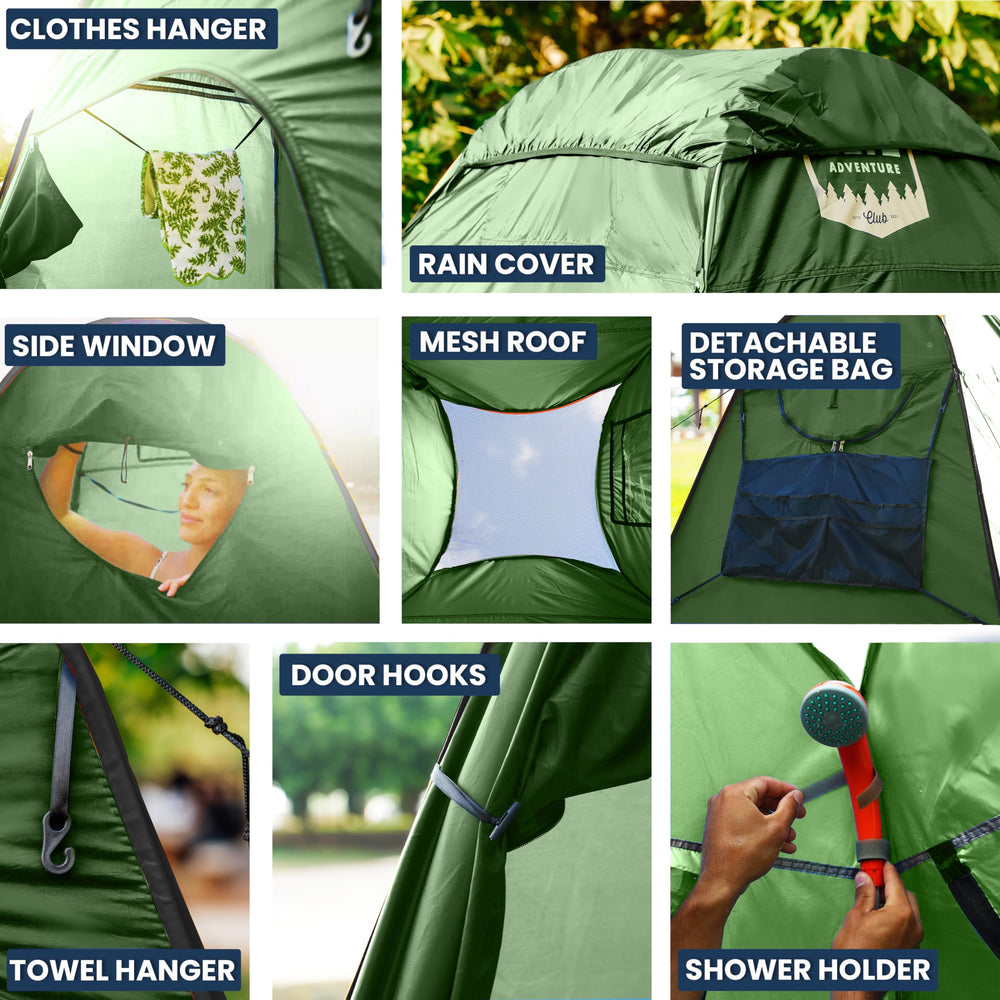 Elil camping shower tent mesh-roof for breathable ventilation.