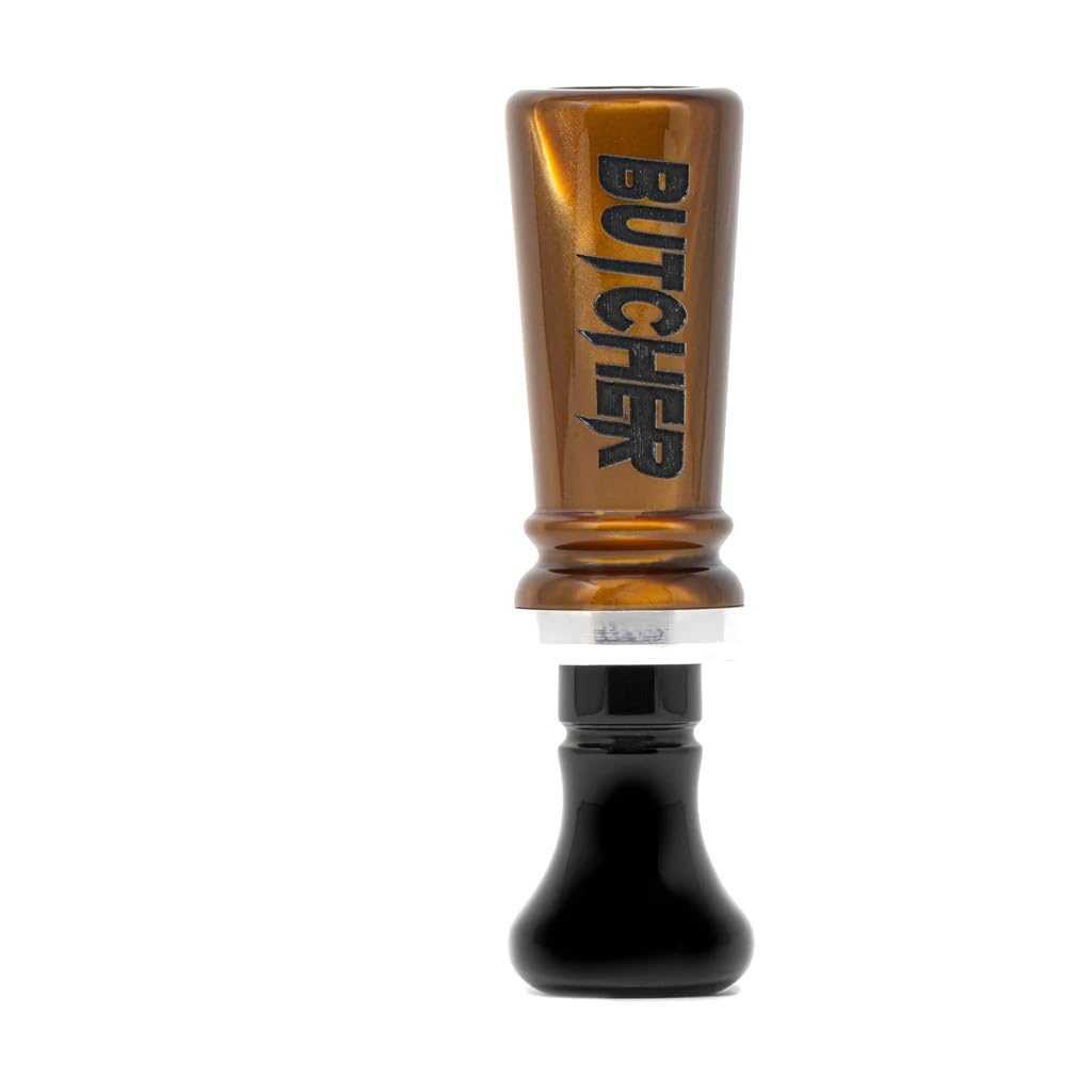Elite Acrylic Butcher Duck Call in brown pearl finish; compact cutdown design for close-range hunting and versatility.