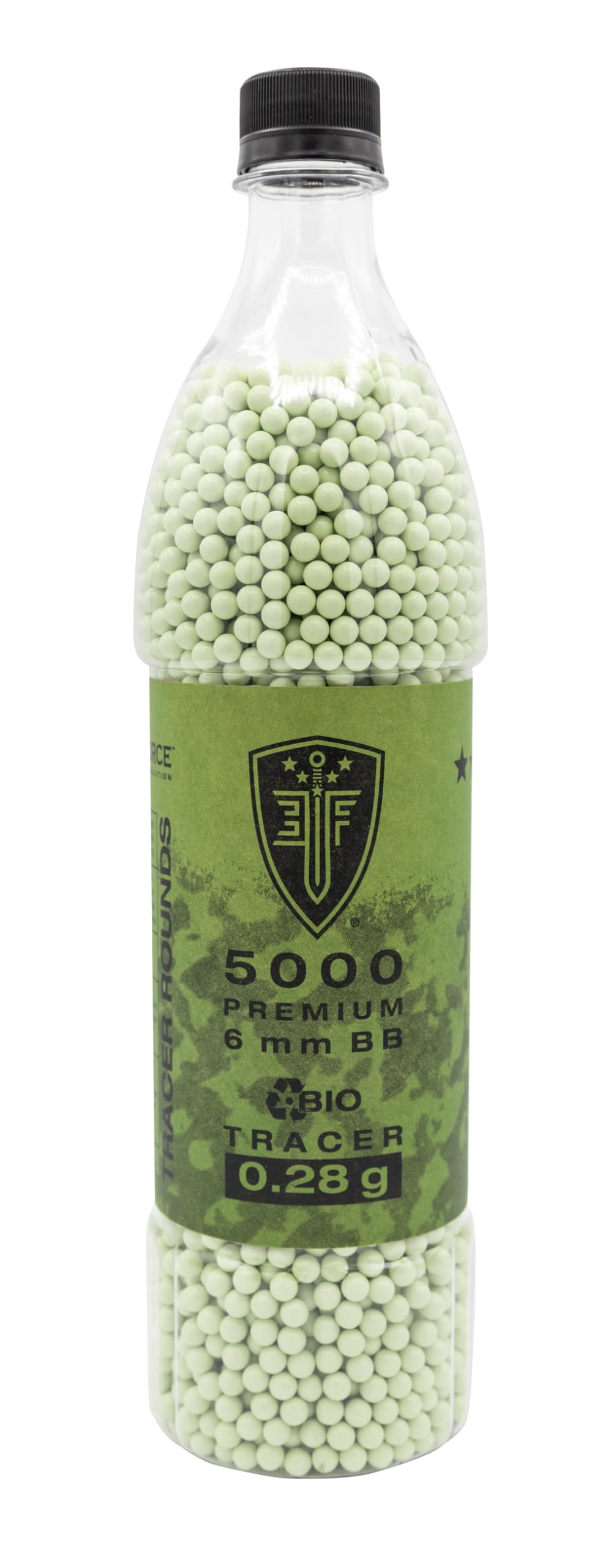 Elite Force Milsim BIO tracer BBs in a 5000-count bottle for quick reloading.