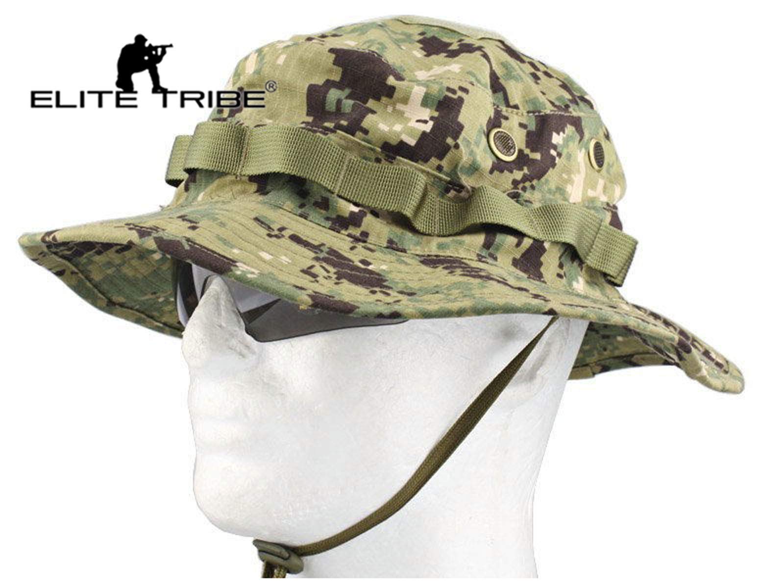 Elite Tribe Tactical Boonie Hat AOR2 side view; versatile headwear for hiking and fishing.