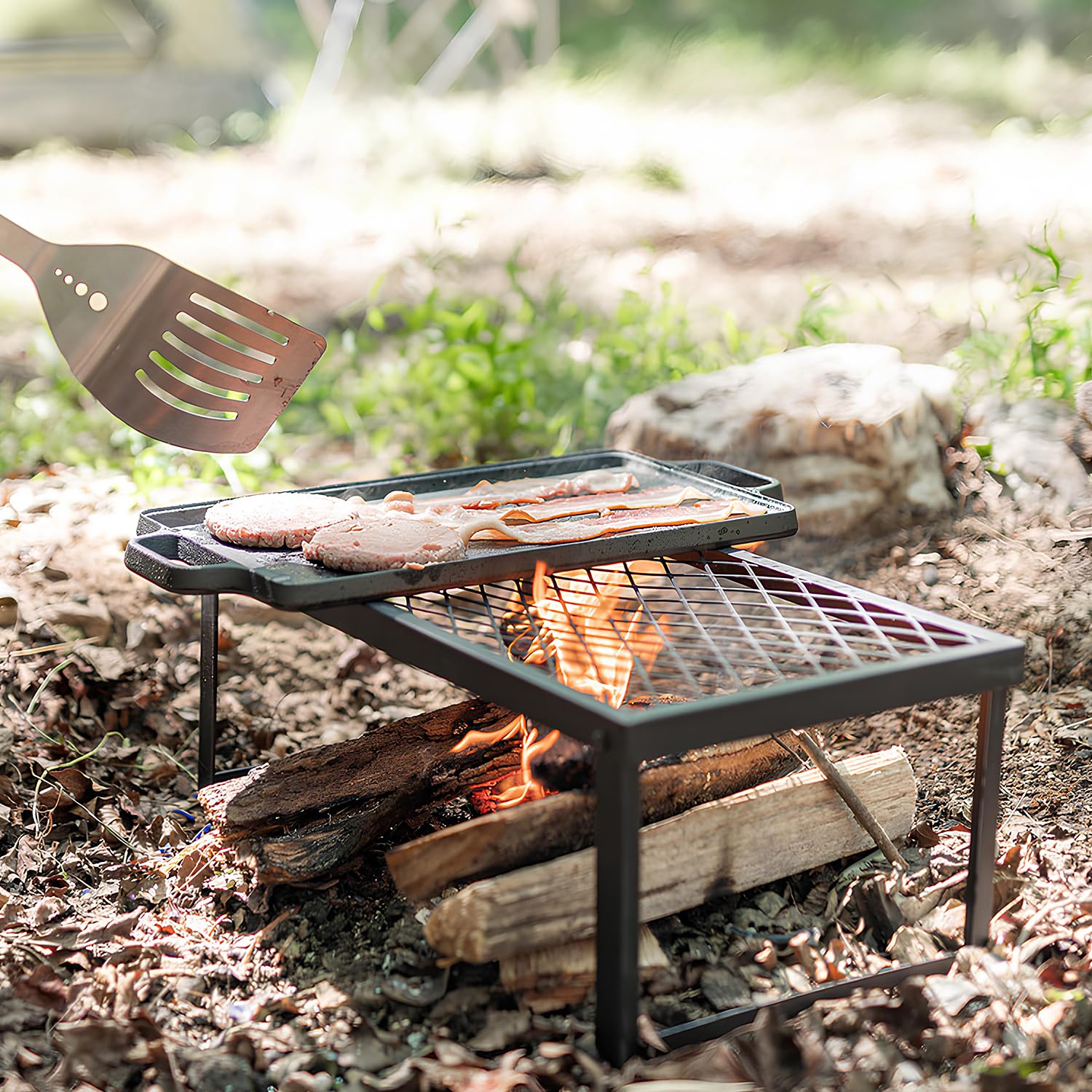 ELK portable campfire grill in-use at campsite for home-on-trail meals.