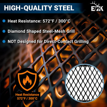 ELK portable campfire grill legs extended demonstrate balanced heat and safety.