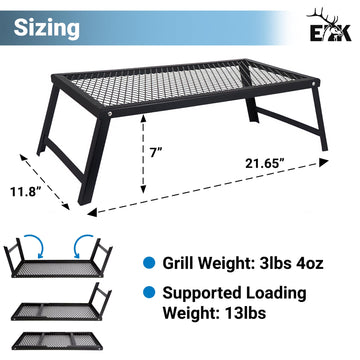 ELK portable campfire grill side view highlights sturdy frame for stable cooking.