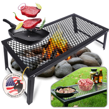 ELK portable campfire grill top view, durable stainless surface for outdoor cooking.