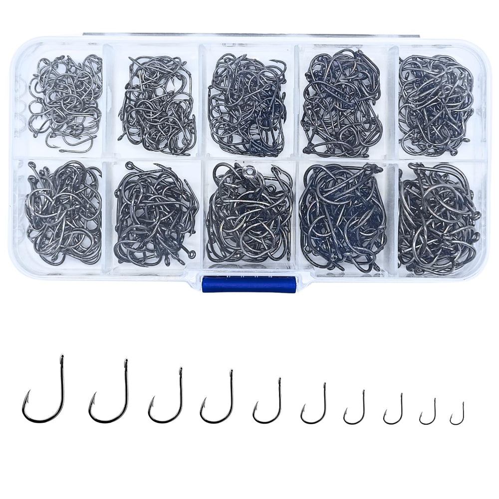 ELLYCIO 500pcs small fishing hooks in a clear storage box showing 10 sizes