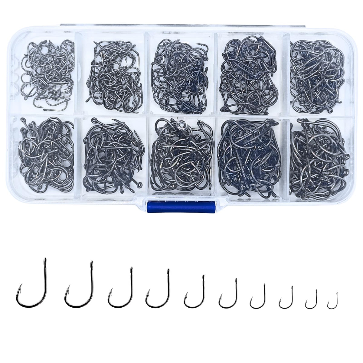ELLYCIO 500pcs small fishing hooks in a clear storage box showing 10 sizes
