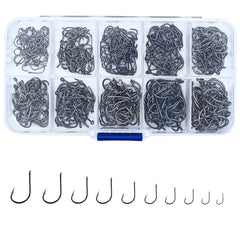 ELLYCIO 500pcs small fishing hooks in a clear storage box showing 10 sizes