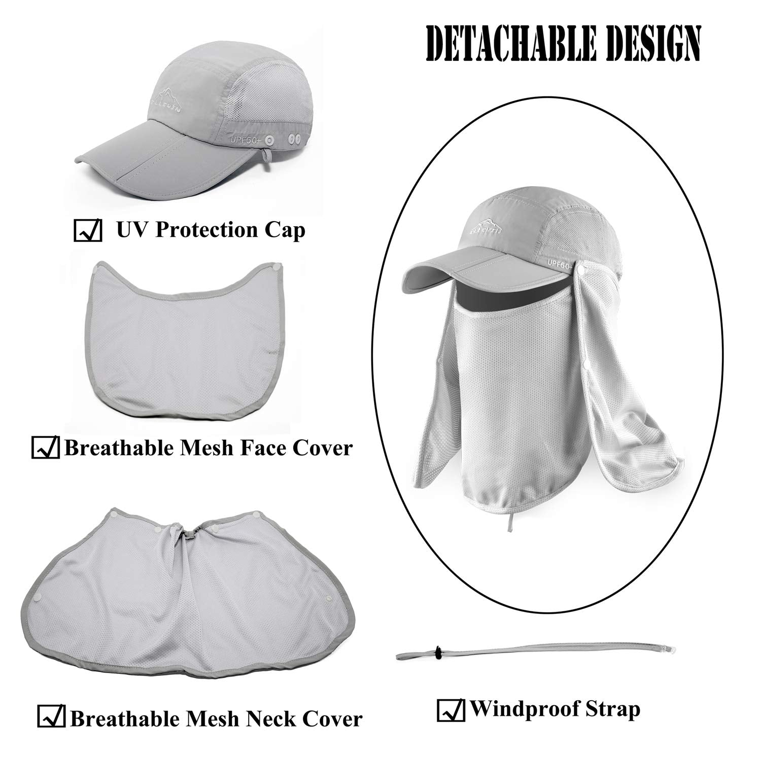Hat showing detachable neck flap and face cover