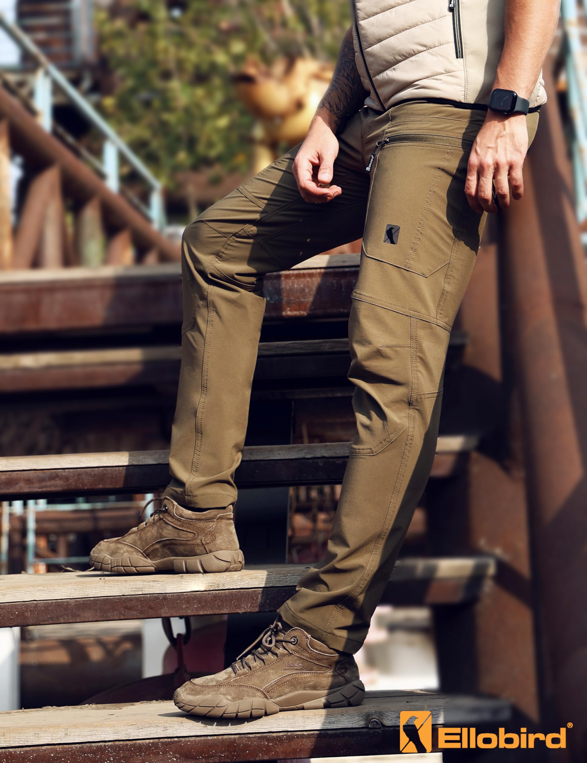 Ellobird Mens Flex Cargo Pants waistband adjustment, comfortable fit for long days outdoors.