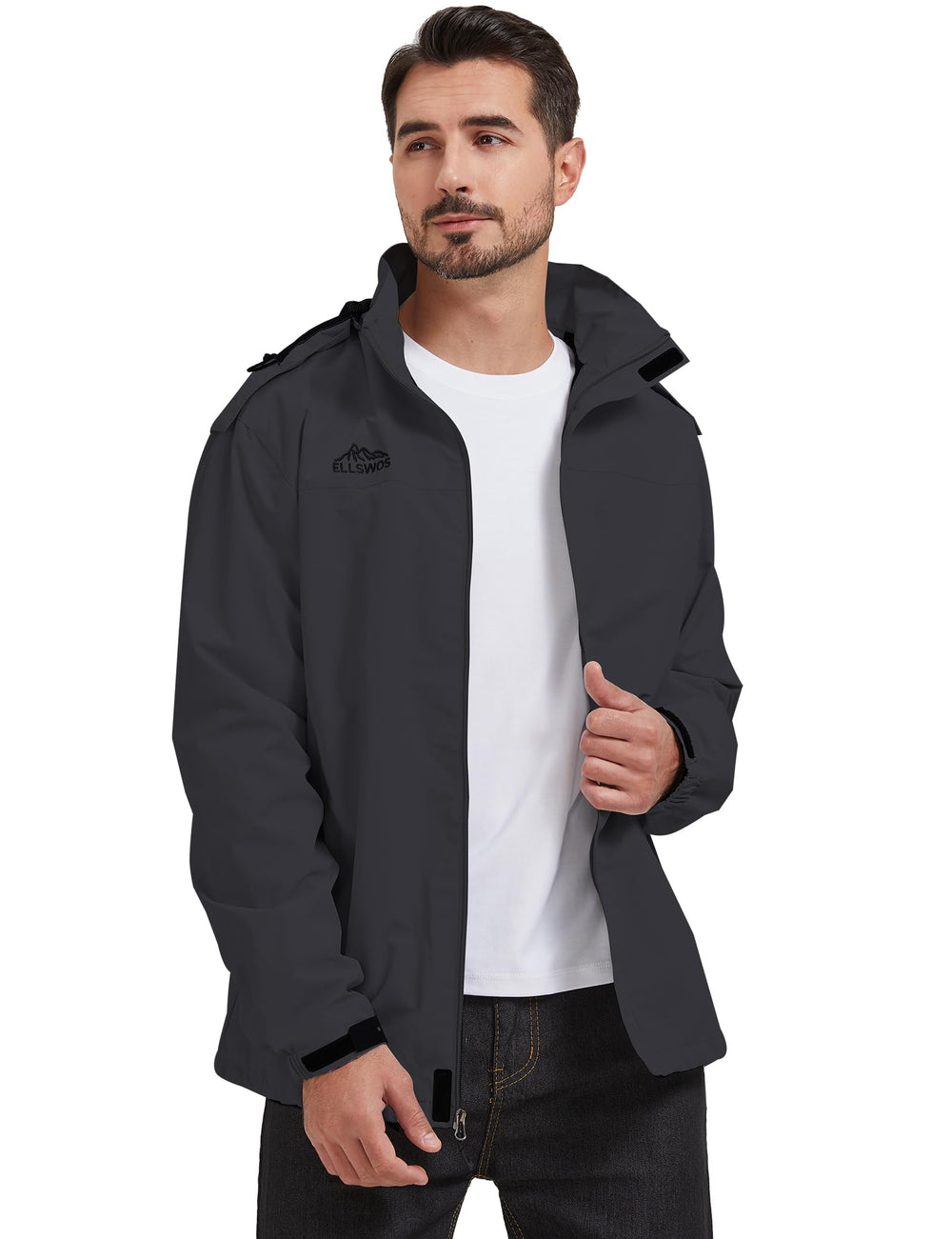 ELLSWOS raincoat with detachable hood shown for versatile wear in changing weather