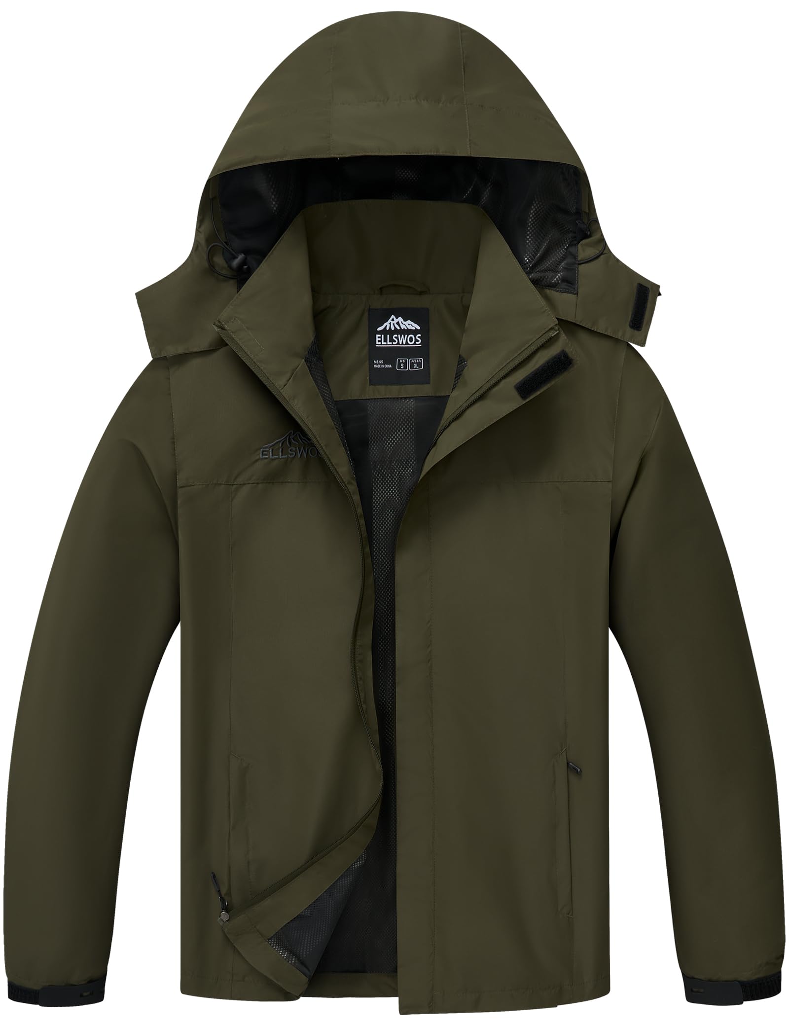 ELLSWOS men's raincoat close-up of waterproof fabric for rugged weather protection.