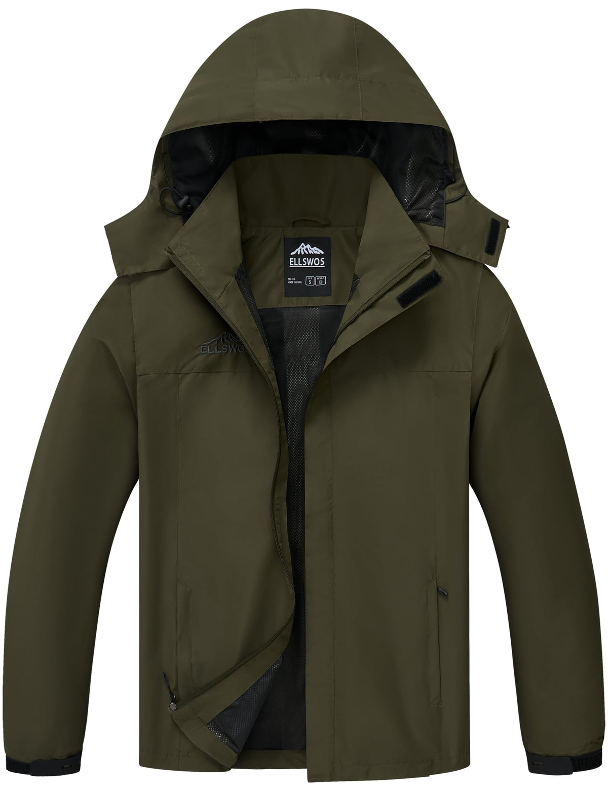 ELLSWOS men's raincoat close-up of waterproof fabric for rugged weather protection.