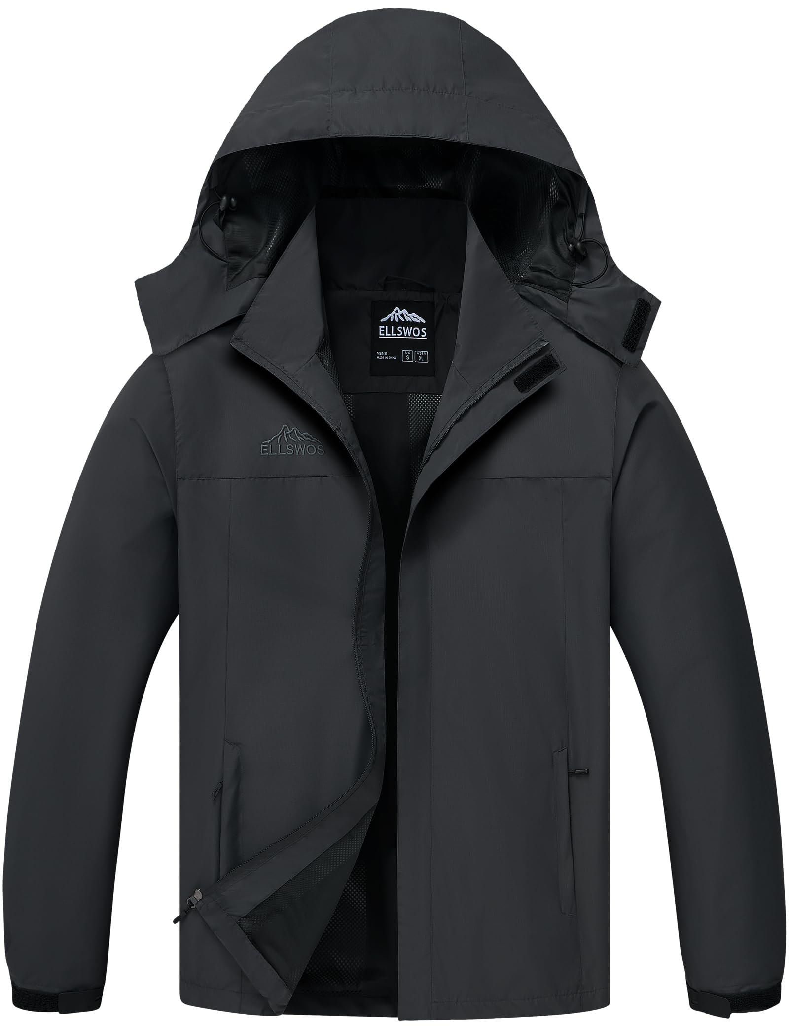 ELLSWOS men's waterproof raincoat front view showing lightweight protection for outdoor hikes