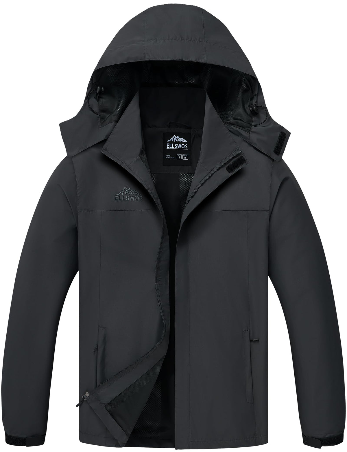 ELLSWOS men's waterproof raincoat front view showing lightweight protection for outdoor hikes