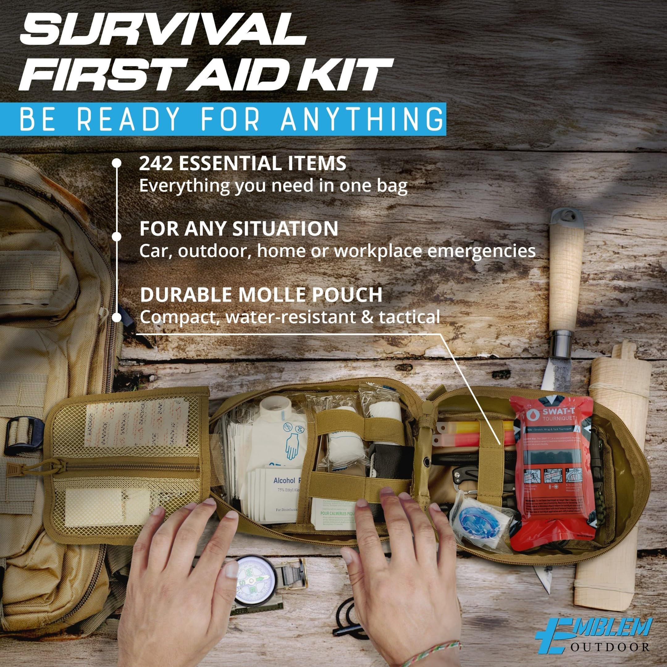 Emblem Outdoor OD 242 tourniquet included for rapid field readiness.