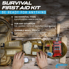 Emblem Outdoor OD 242 tourniquet included for rapid field readiness.