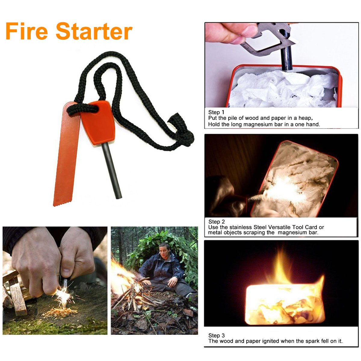 EMDMAK survival kit fire starter in action for quick kindling sparks