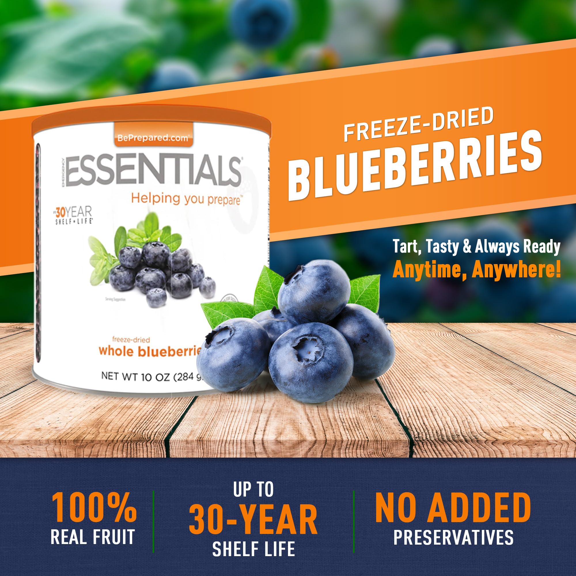 Emergency Essentials blueberries being poured from a can for quick use.