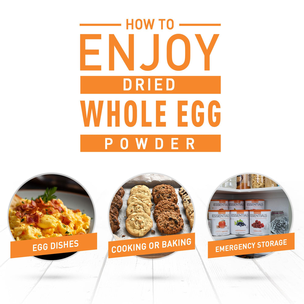 Emergency Essentials egg powder reconstituted in bowl, fluffy texture.