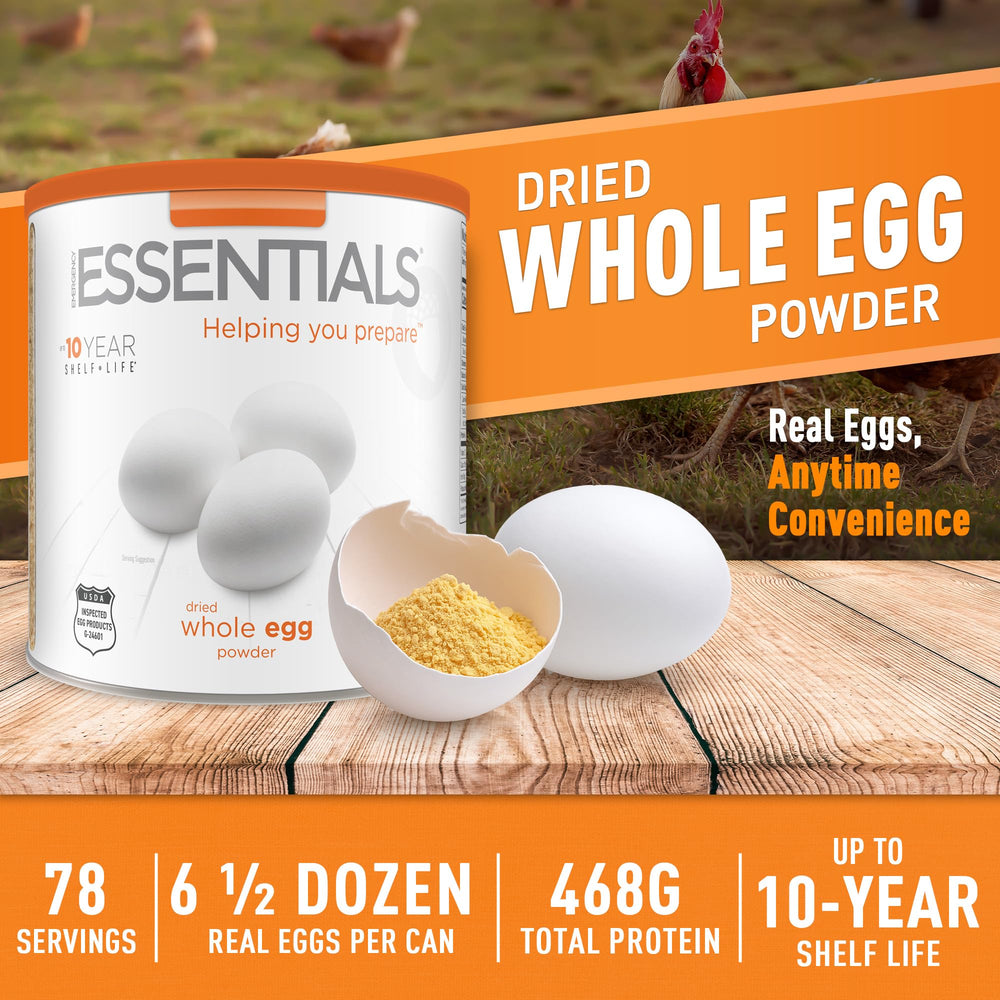 Emergency Essentials egg powder nutrition panel close-up, total protein included.