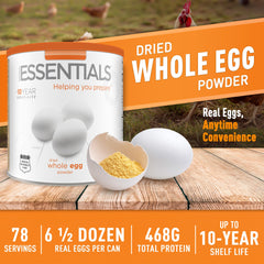 Emergency Essentials egg powder nutrition panel close-up, total protein included.