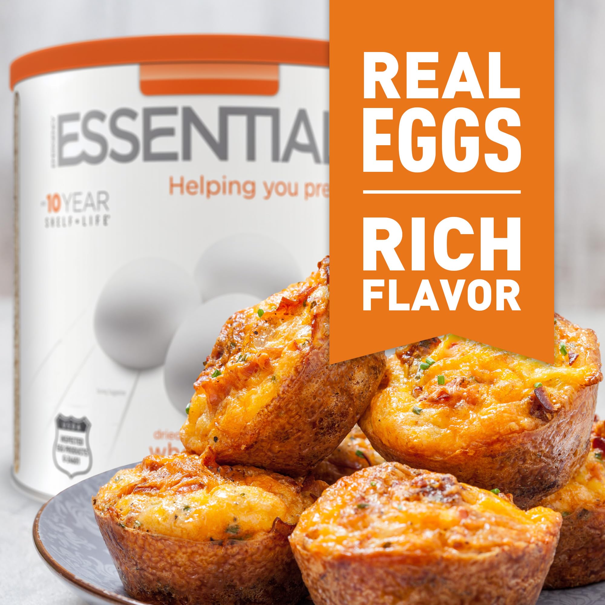 Emergency Essentials egg powder being poured into water, quick hydration step.